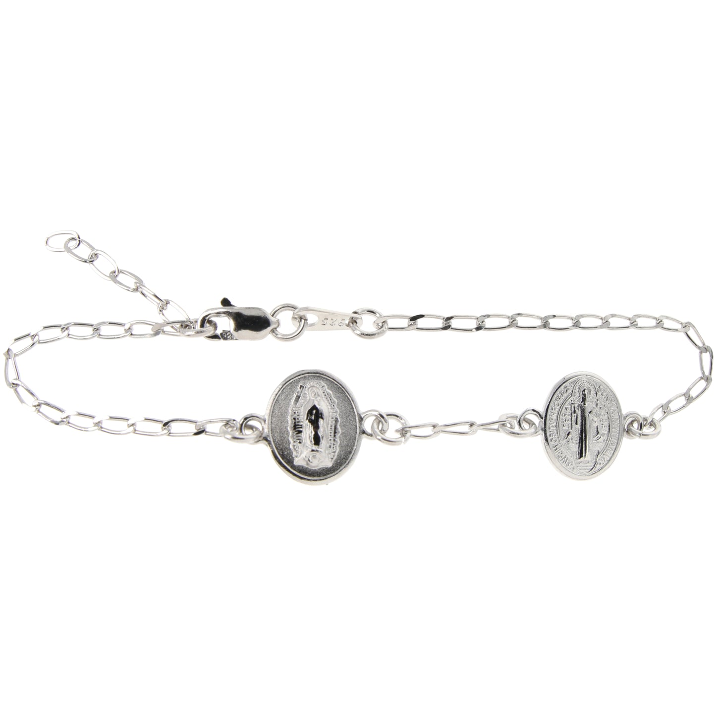 Pulsera con medalla oval Virgen de Guadalupe y San Benito - Plata esterlina 925 y Rodio