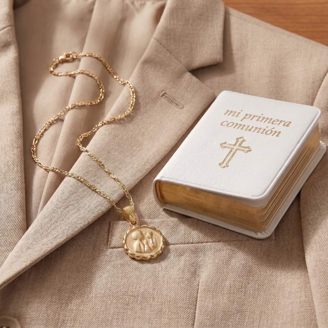 Medalla redonda primera comunion niño o niña con cadena - Oro 14k Laminado