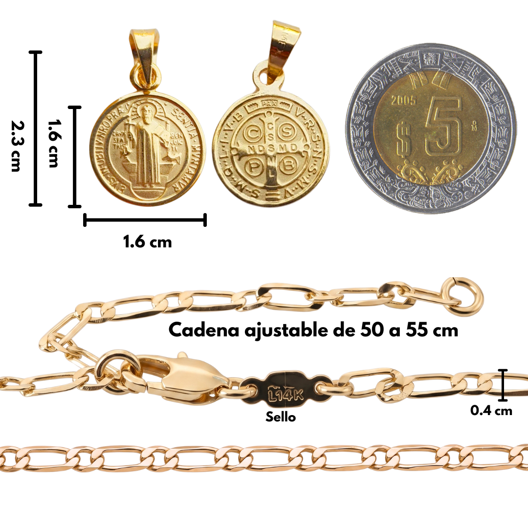 Medalla San Benito con cadena para hombre - Oro 14K laminado