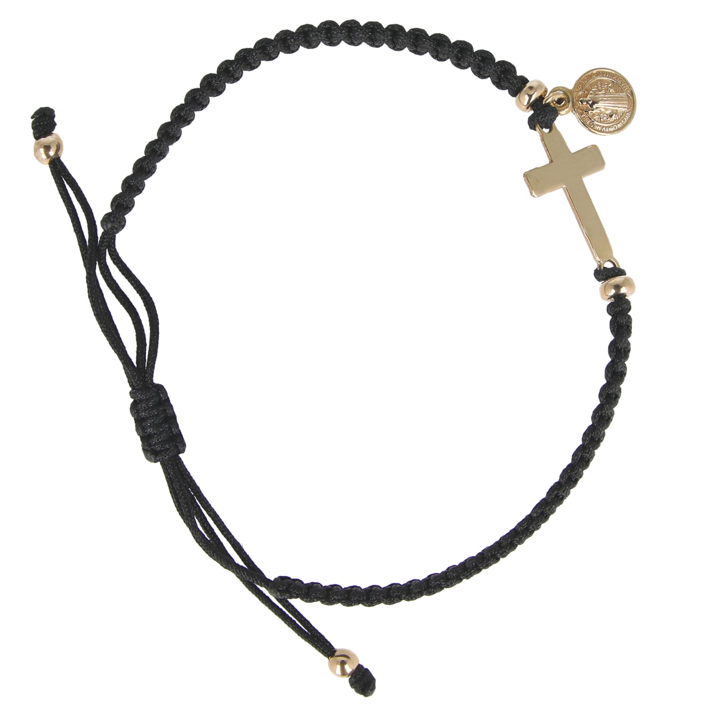 Pulsera de hilo con cruz y medalla San Benito - Oro 14K Sólido