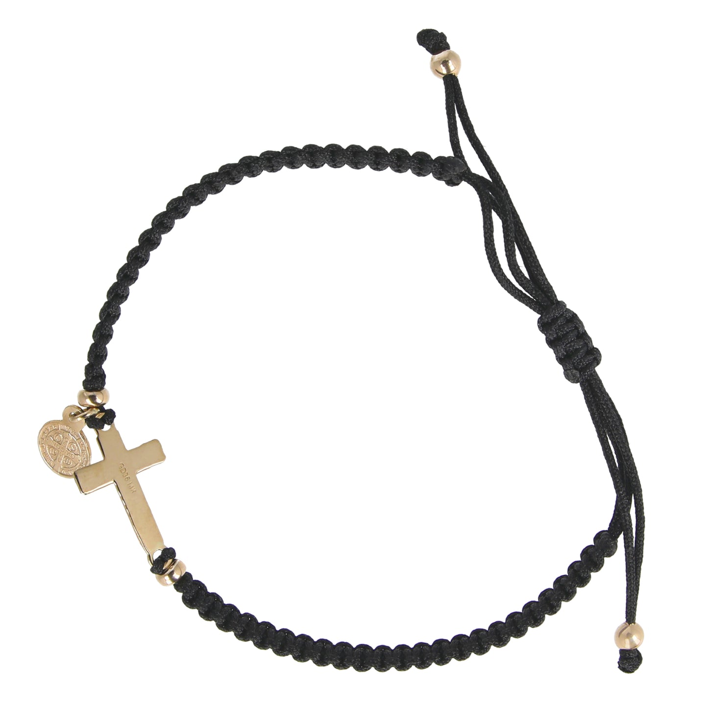 Pulsera de hilo con cruz y medalla San Benito - Oro 14K Sólido