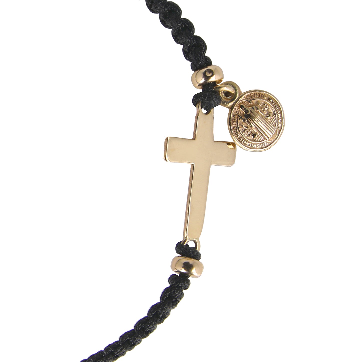 Pulsera de hilo con cruz y medalla San Benito - Oro 14K Sólido