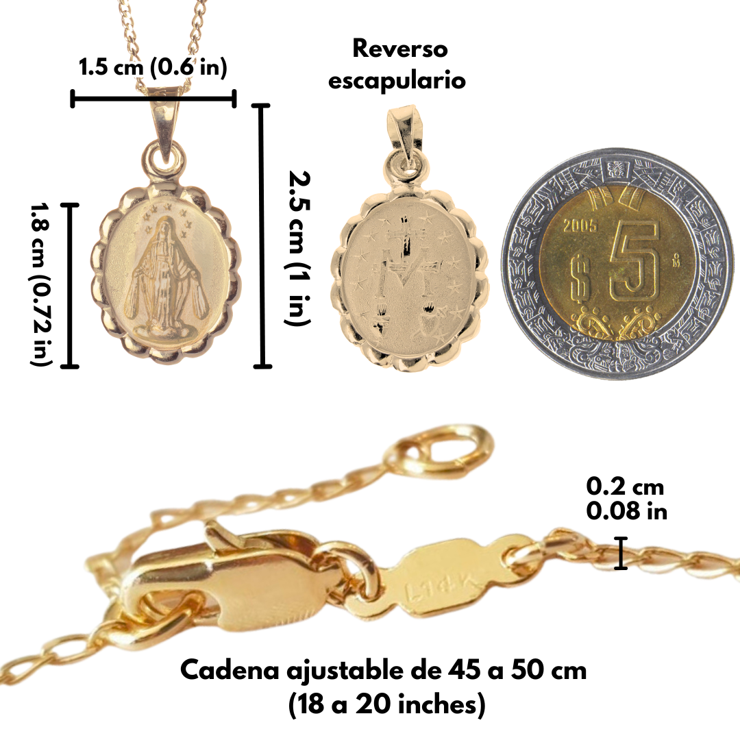 Medalla Virgen Milagrosa floral con cadena - Oro 14k laminado