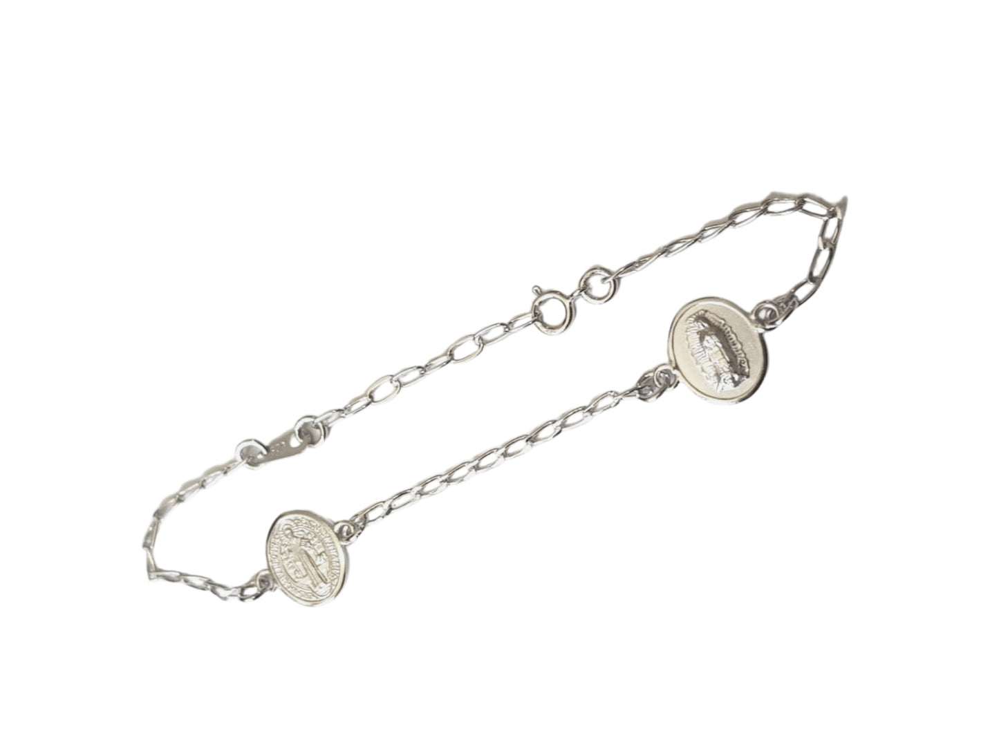 Pulsera con medalla oval Virgen de Guadalupe y San Benito - Plata esterlina 925 y Rodio
