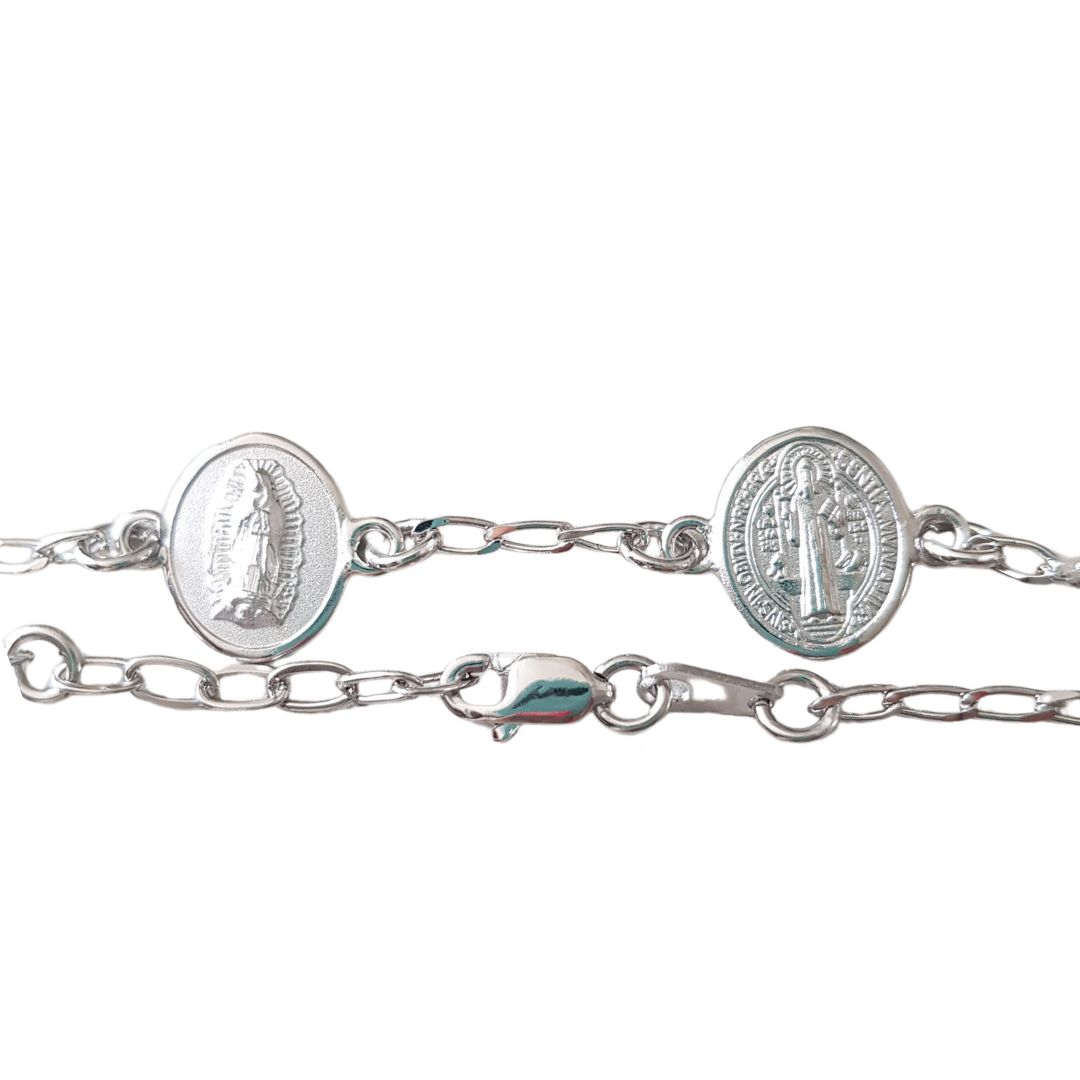 Pulsera con medalla oval Virgen de Guadalupe y San Benito - Plata esterlina 925 y Rodio