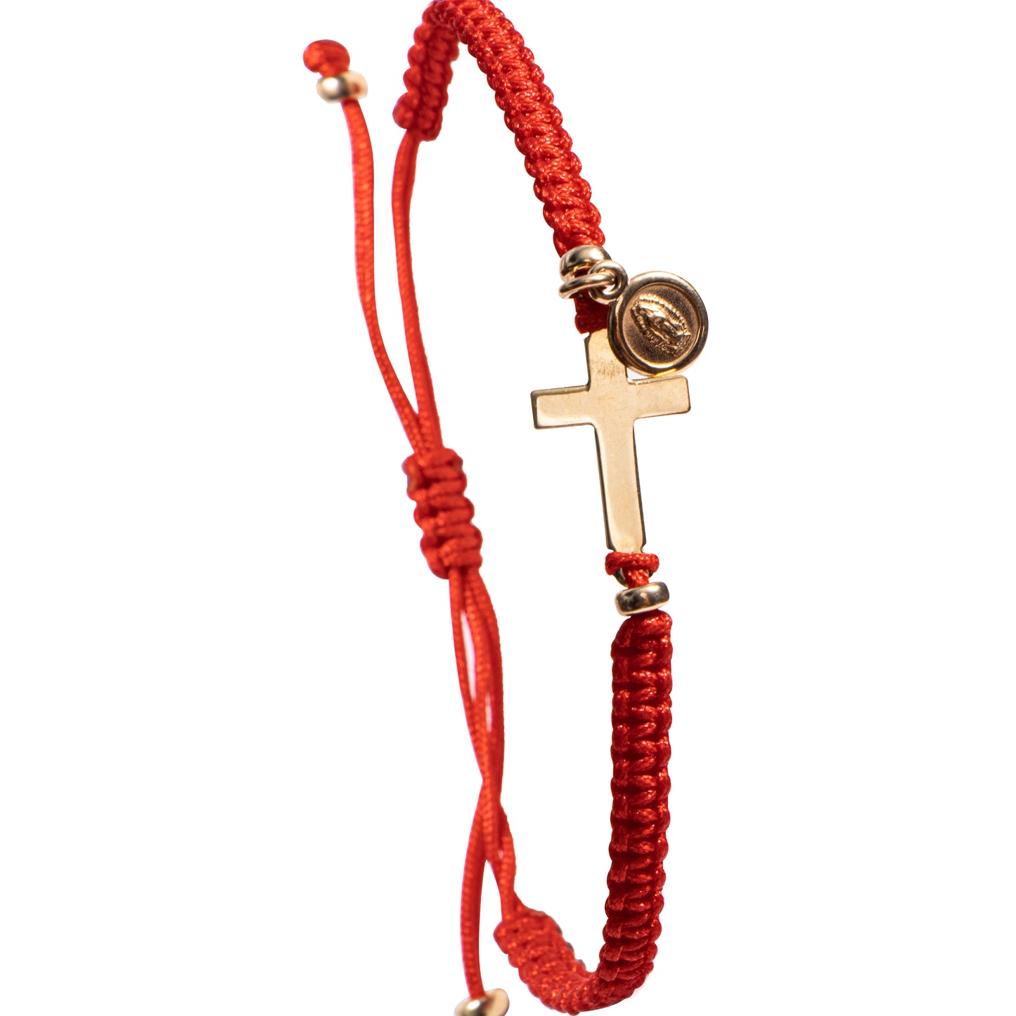 Pulsera de hilo con cruz y medalla Virgen de Guadalupe - Oro 14K Sólido