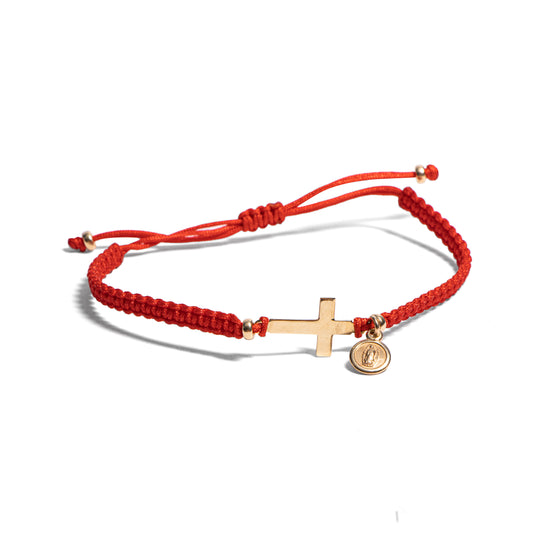 Pulsera de hilo con cruz y medalla Virgen de Guadalupe - Oro 14K Sólido