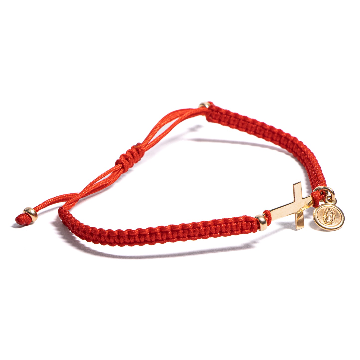 Pulsera de hilo con cruz y medalla Virgen de Guadalupe - Oro 14K Sólido