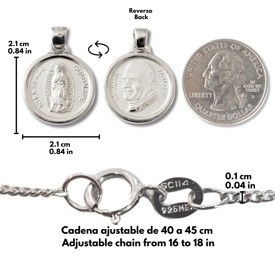 Medalla escapulario XL Virgen de Guadalupe y Papa Juan Pablo II con cadena - Plata 925