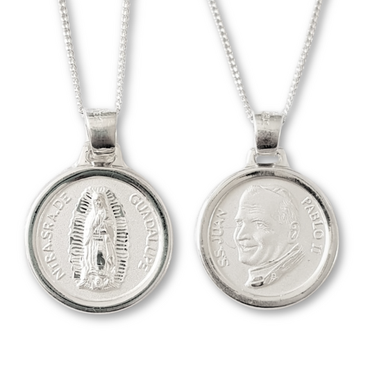 Medalla escapulario XL Virgen de Guadalupe y Papa Juan Pablo II con cadena - Plata 925