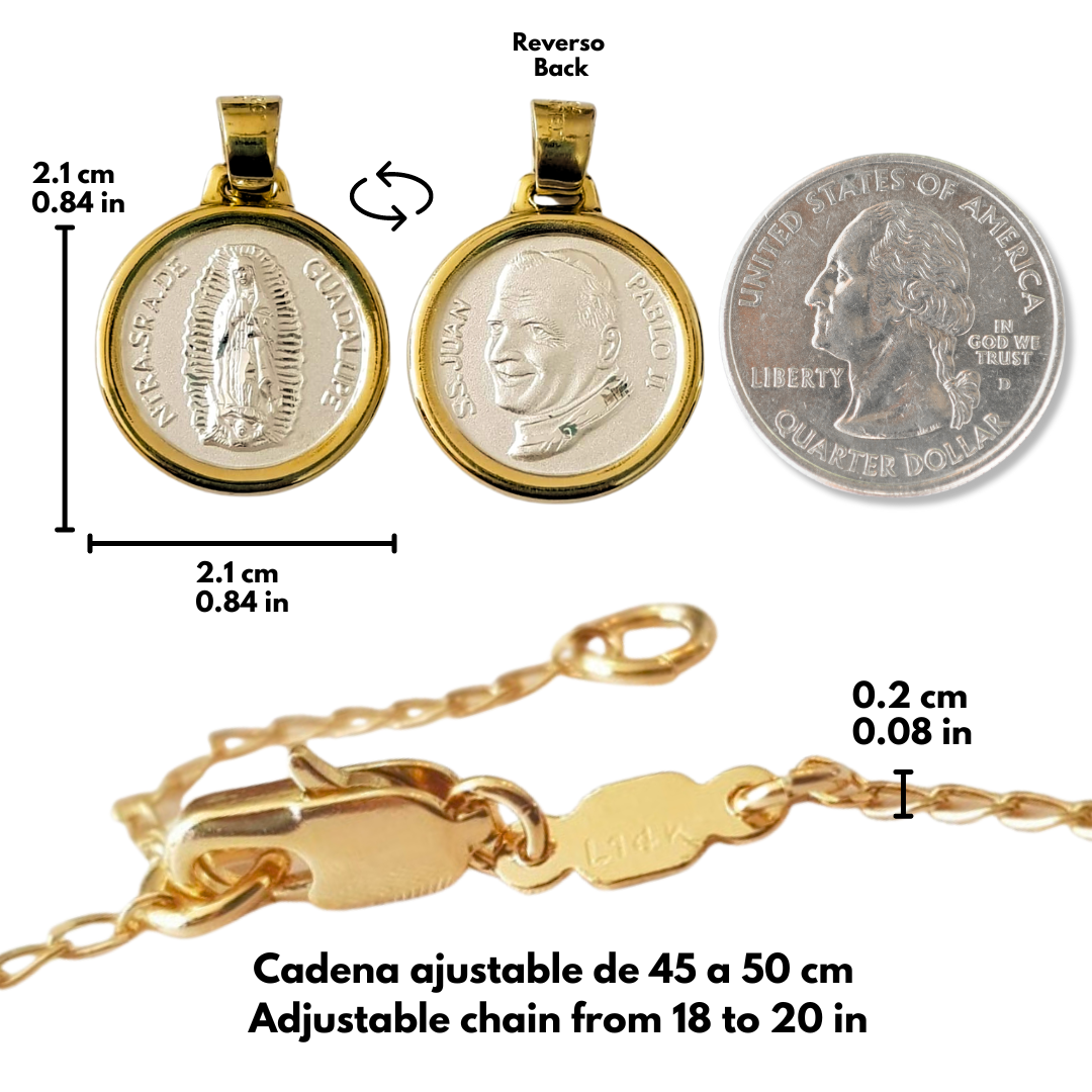 Medalla XL Virgen de Guadalupe y Papa Juan Pablo II con cadena - Plata 925 y Bisel baño de Oro 14k