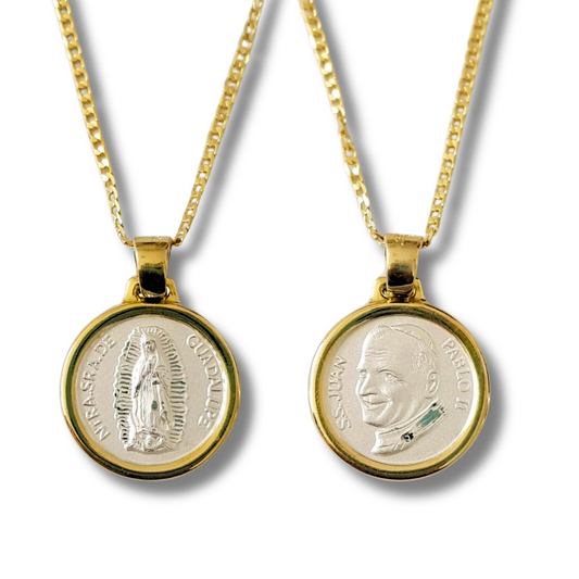Medalla XL Virgen de Guadalupe y Papa Juan Pablo II con cadena - Plata 925 y Bisel baño de Oro 14k