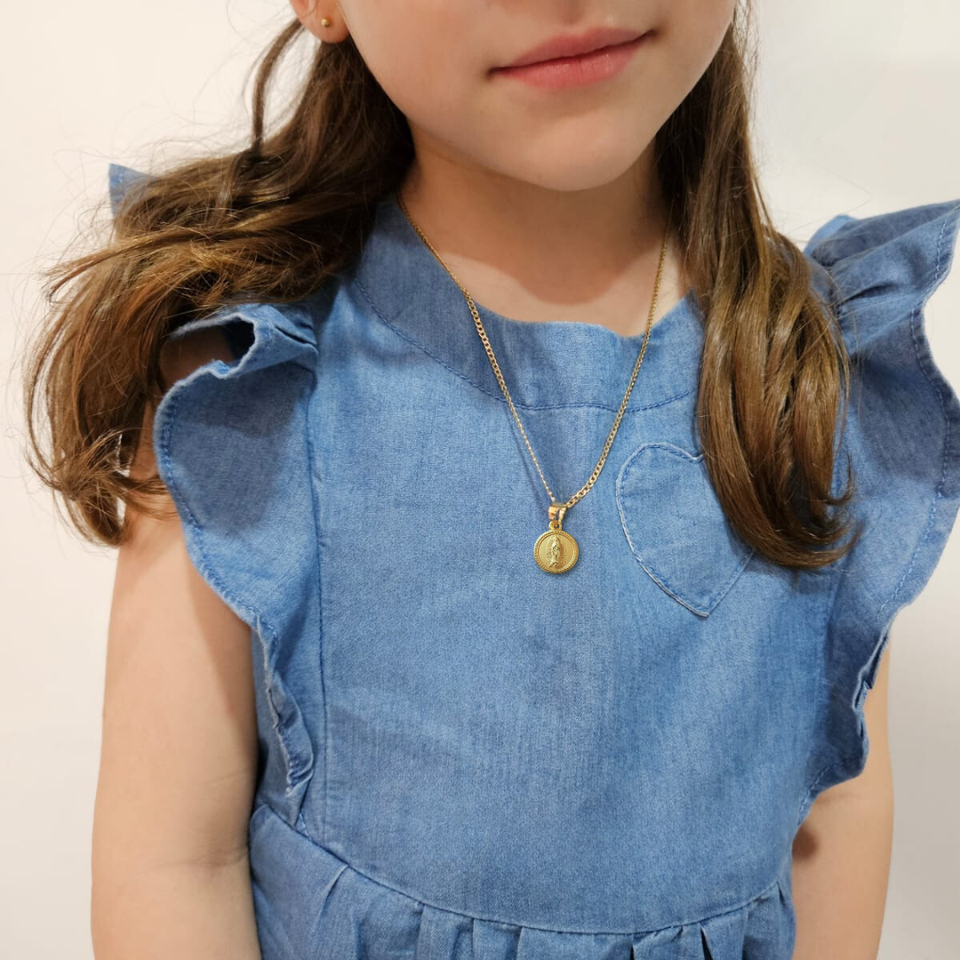 Medalla Redonda Virgen de Guadalupe con cadena - Oro 14K laminado - RX