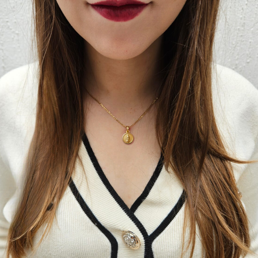 Medalla Redonda Virgen de Guadalupe con cadena - Oro 14K laminado - RX