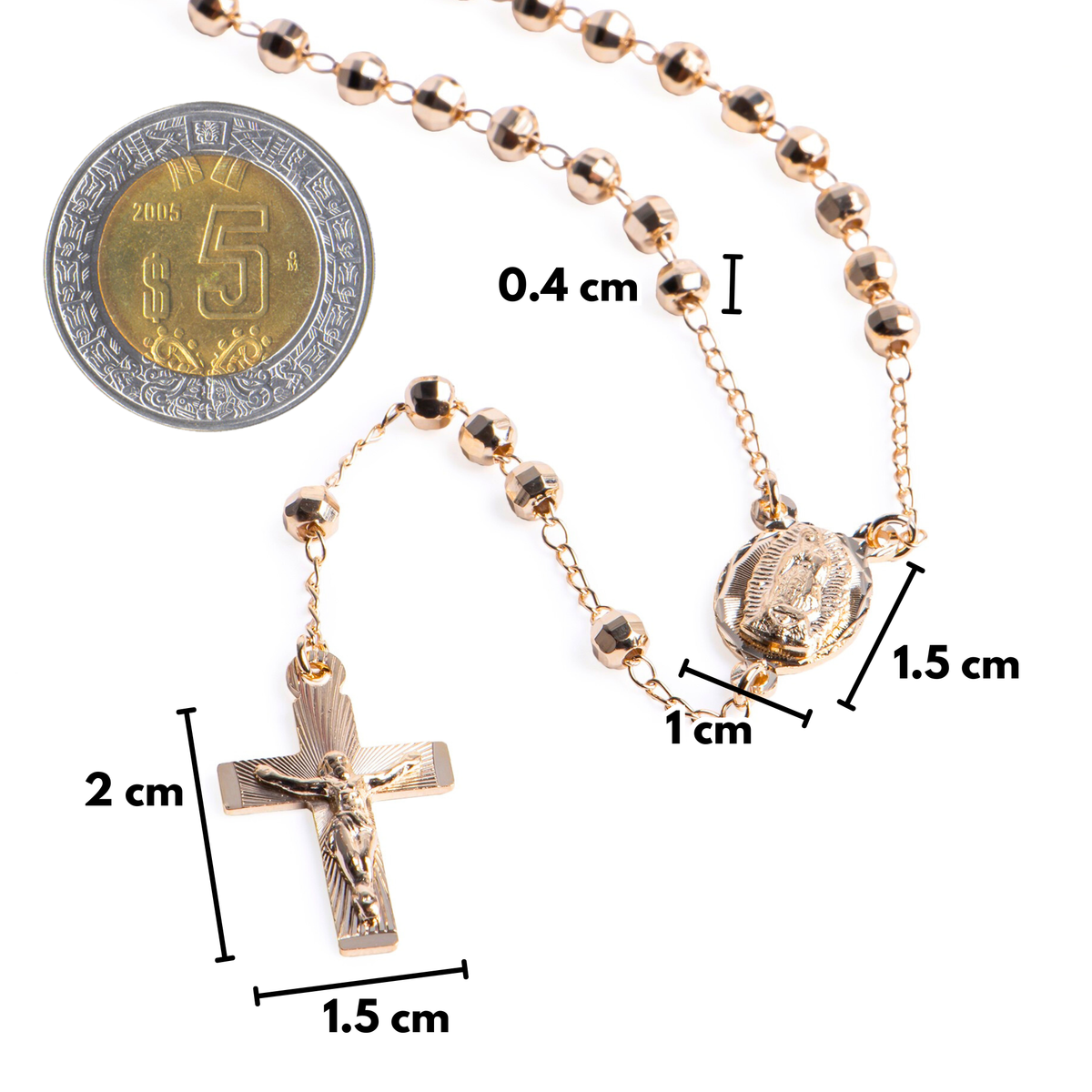 Rosario Virgen de Guadalupe y Cristo - Oro 14k laminado - Modelo Facetado
