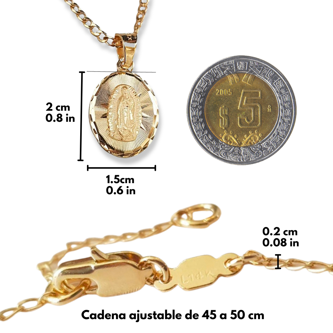 Medalla Oval Virgen de Guadalupe con cadena - Oro 14k Laminado - Diamantada