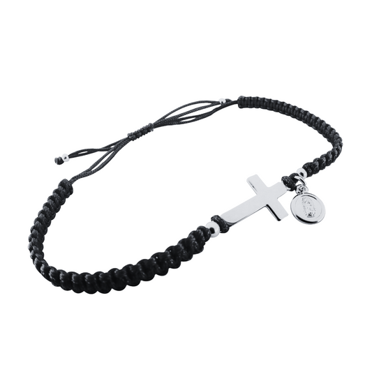 Pulsera con cruz y medalla Virgen de Guadalupe - Plata 925 y baño de Rodio