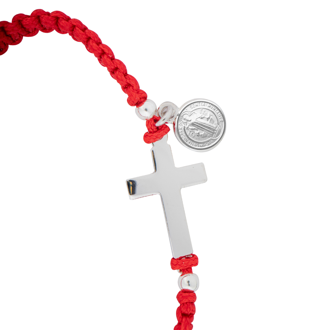 Pulsera con cruz y medalla San Benito - Plata 925 y baño de Rodio