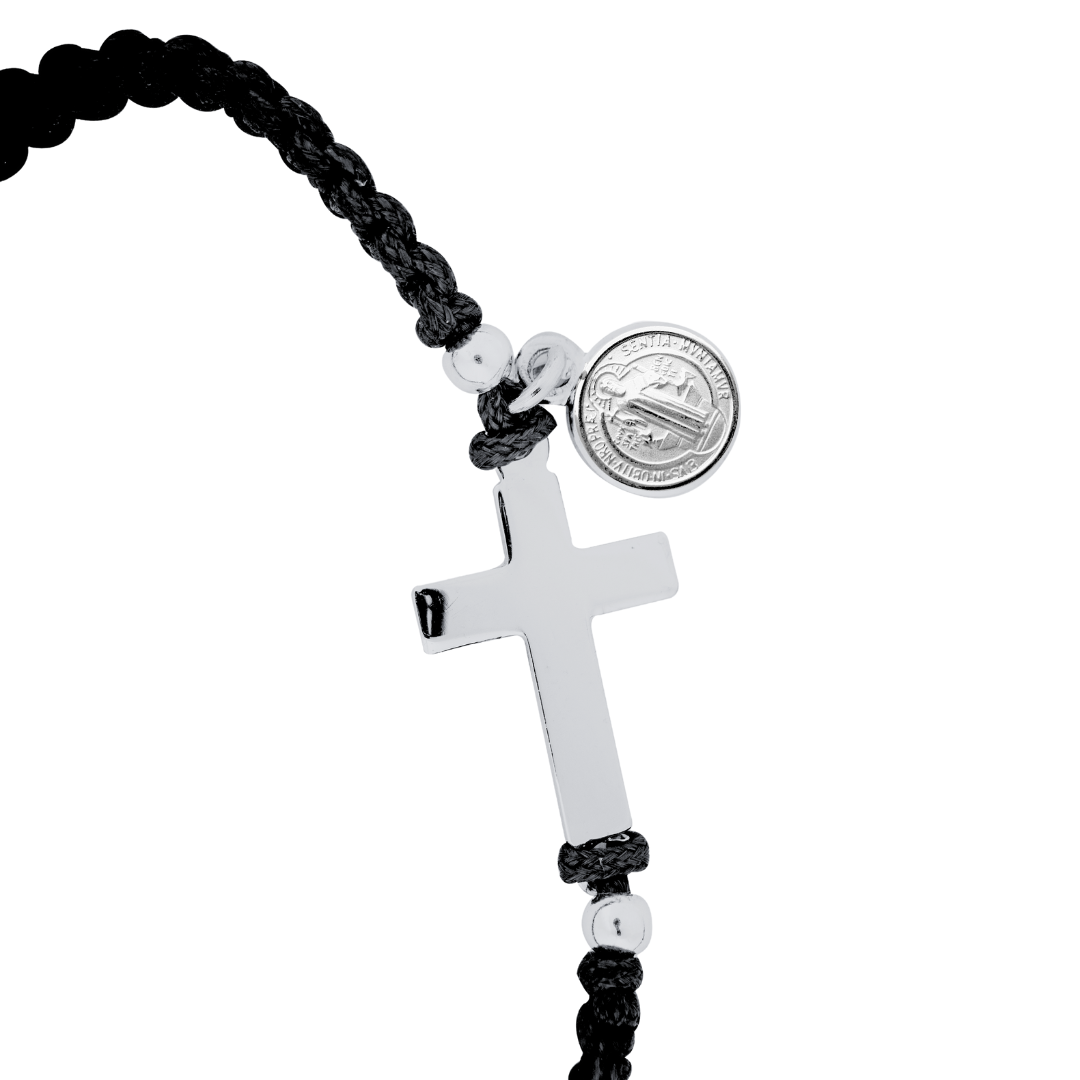 Pulsera con cruz y medalla San Benito - Plata 925 y baño de Rodio