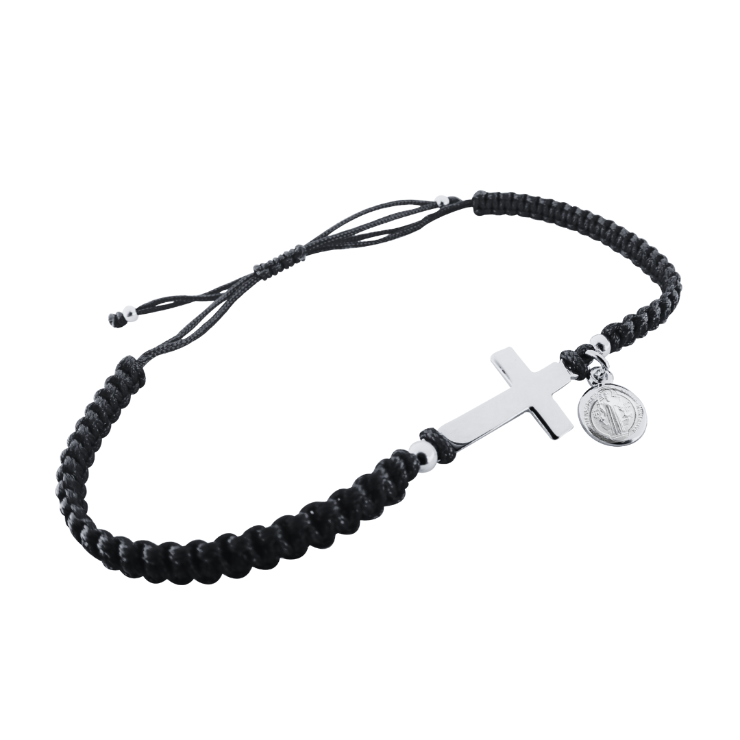 Pulsera con cruz y medalla San Benito - Plata 925 y baño de Rodio