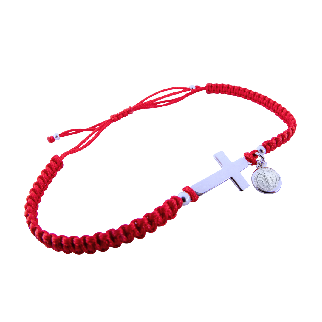Pulsera con cruz y medalla San Benito - Plata 925 y baño de Rodio