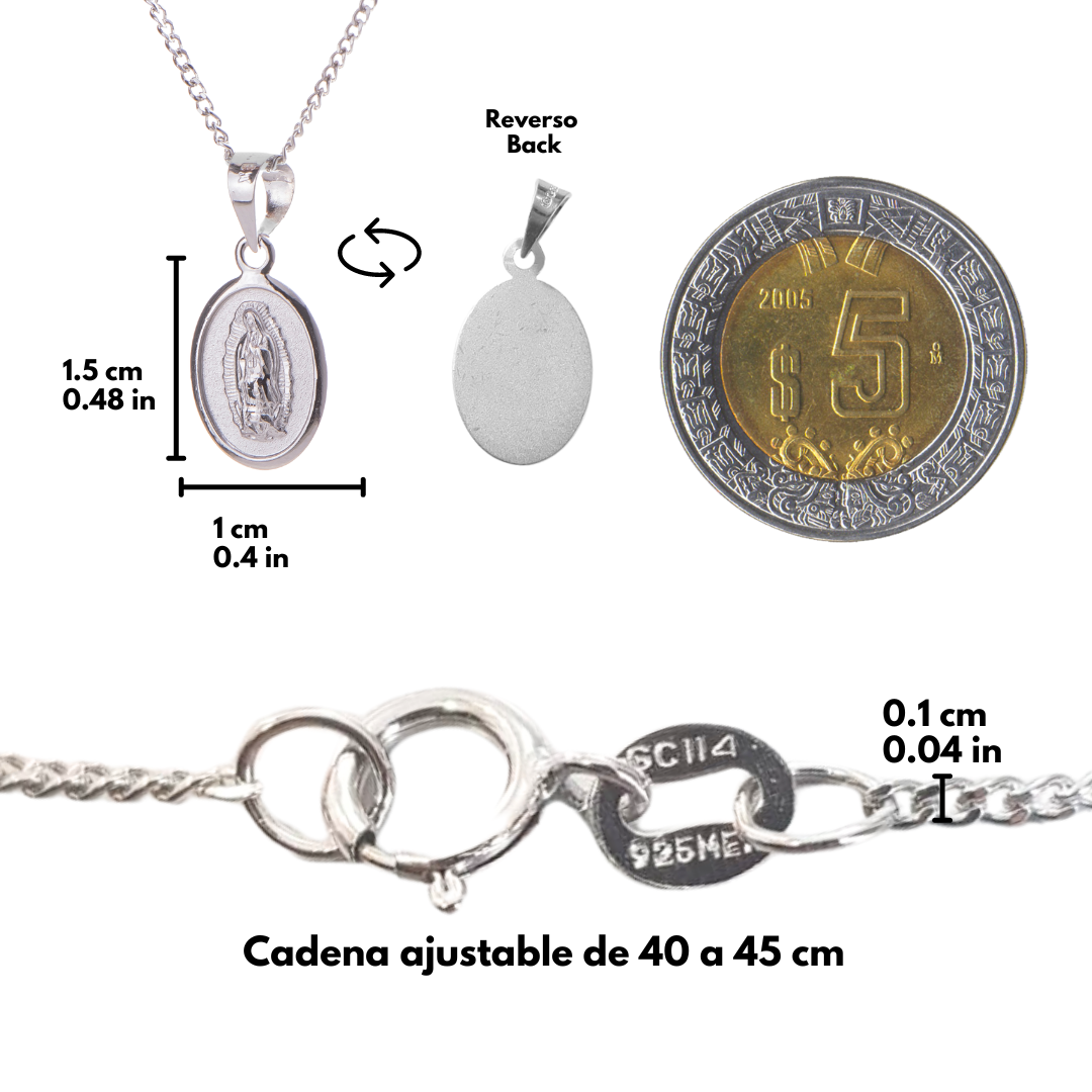 Medalla mini Virgen de Guadalupe con cadena - Plata esterlina 925 con baño de rodio
