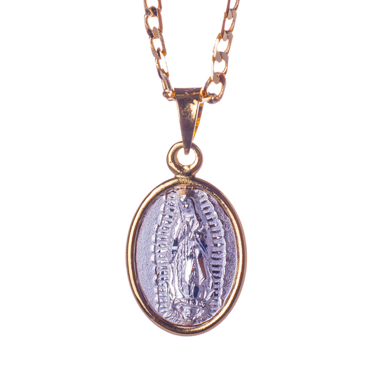 Medalla Virgen de Guadalupe con cadena - Plata esterlina 925 - Bisel Baño de Oro 14k