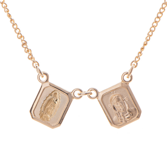 Escapulario Virgen de Guadalupe y Sagrado Corazón de Jesús - Oro 14K Laminado