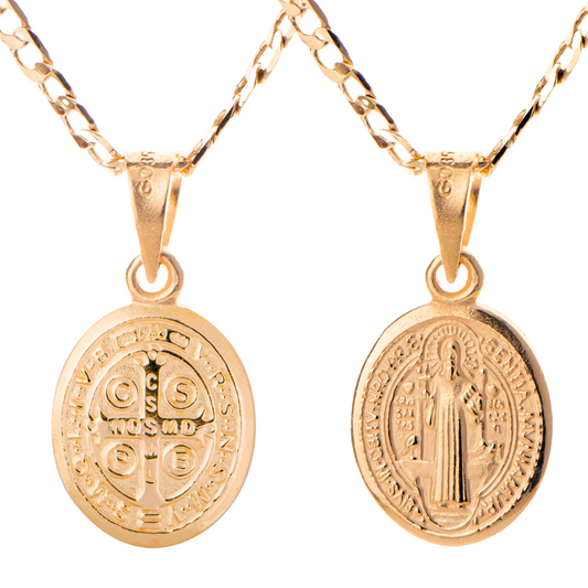 Medalla San Benito oval con cadena - Oro 14k laminado