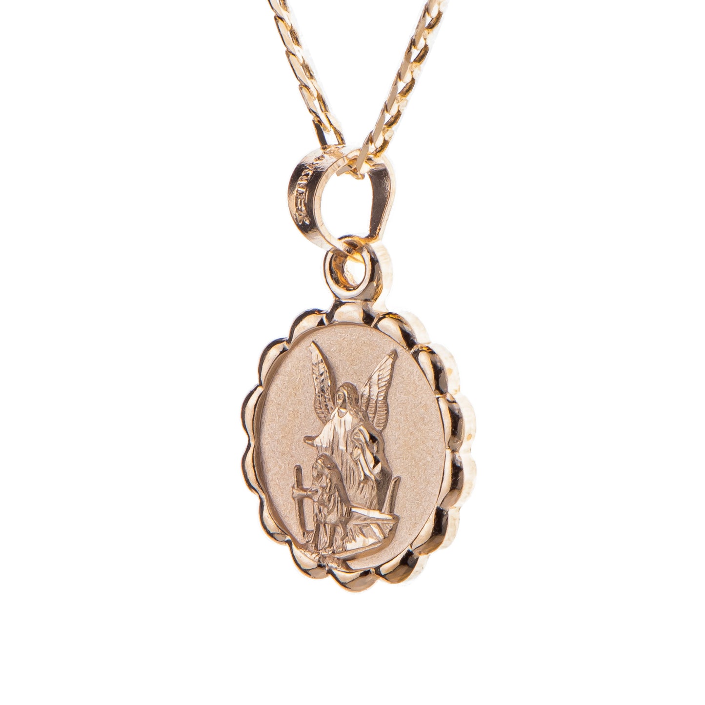 Medalla Ángel de la Guarda Contorno Floral - Oro 14K Sólido
