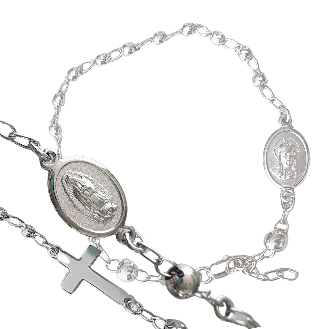 Pulsera Decenario Virgen de Guadalupe y Sagrado Corazón de Jesús - Plata esterlina 925 y Rodio