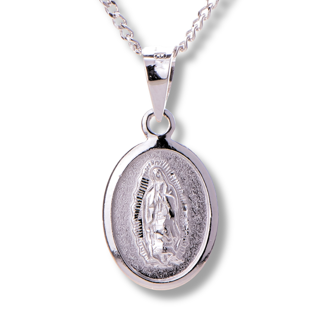 Medalla mini Virgen de Guadalupe con cadena - Plata esterlina 925 con baño de rodio