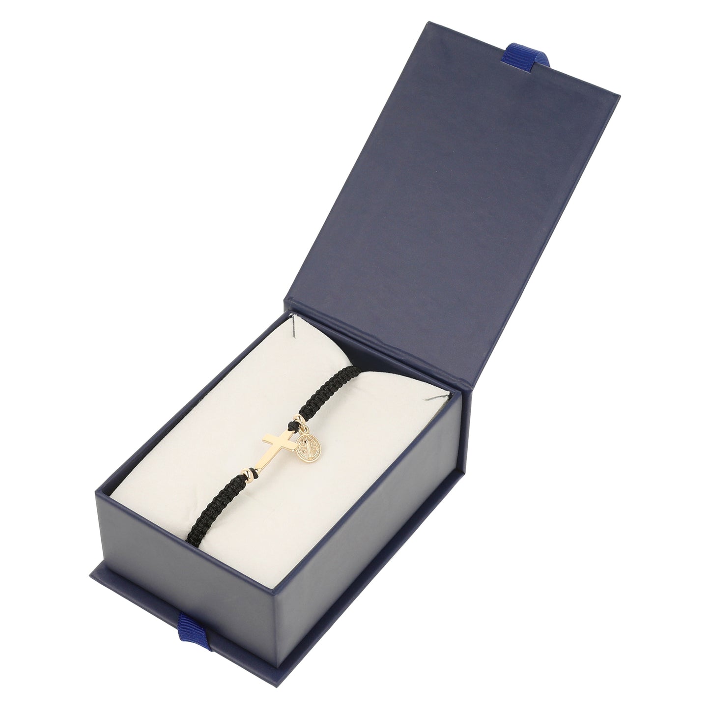 Pulsera de hilo con cruz y medalla San Benito - Oro 14K Sólido