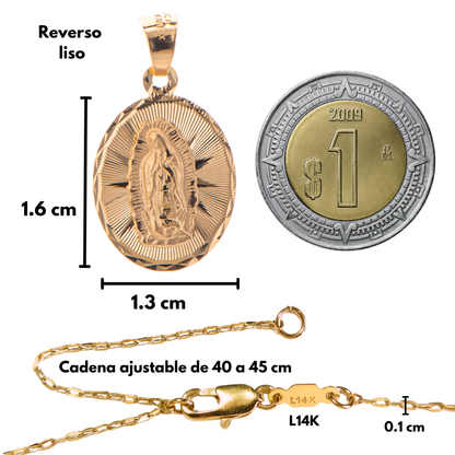 Medalla bautizo Virgen de Guadalupe oval con cadena - Oro 14K laminado diamantado