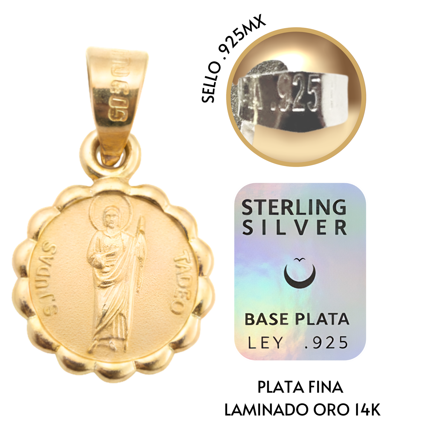 Medalla bautizo San Judas Tadeo redonda con cadena - Oro 14K laminado