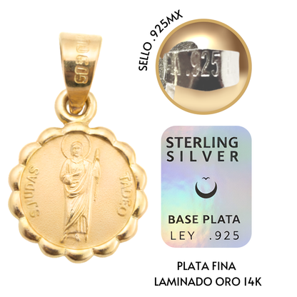 Medalla bautizo San Judas Tadeo redonda con cadena - Oro 14K laminado