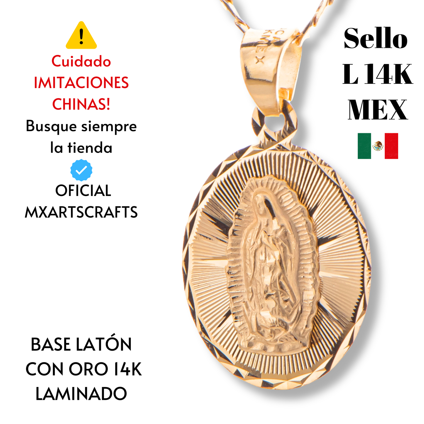 Medalla bautizo Virgen de Guadalupe oval con cadena - Oro 14K laminado diamantado
