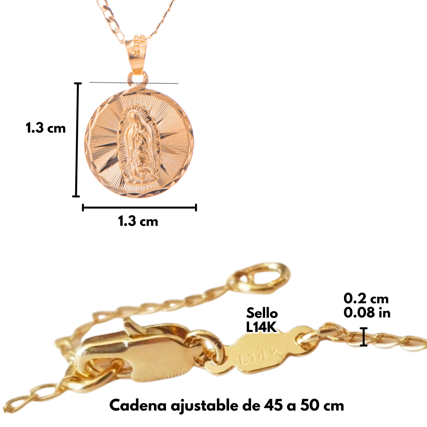 Medalla bautizo Virgen de Guadalupe redonda con cadena - Oro 14K laminado diamantado