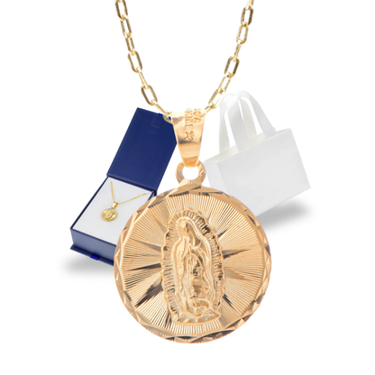 Medalla bautizo Virgen de Guadalupe redonda con cadena - Oro 14K laminado diamantado