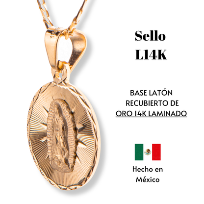 Medalla bautizo Virgen de Guadalupe redonda con cadena - Oro 14K laminado diamantado