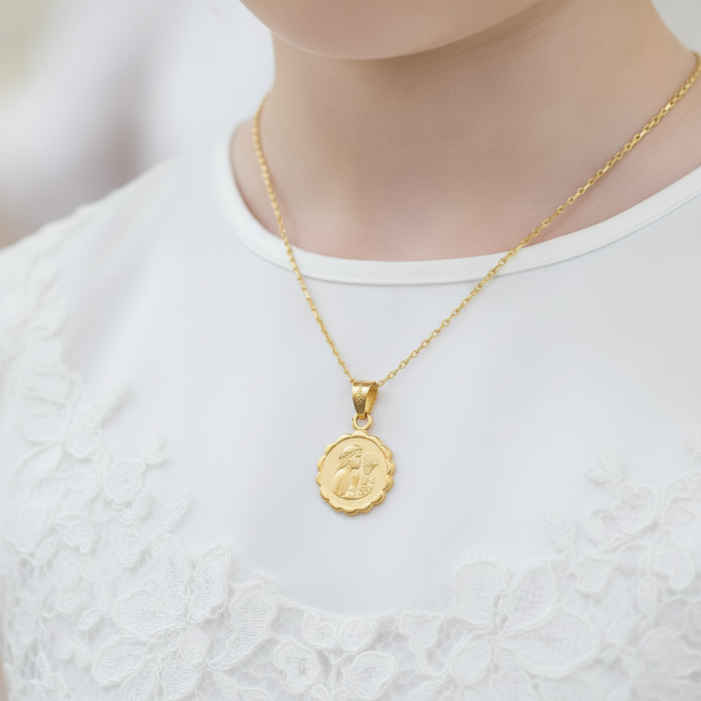 Medalla redonda primera comunion niño niña con cadena - Oro 14k Laminado