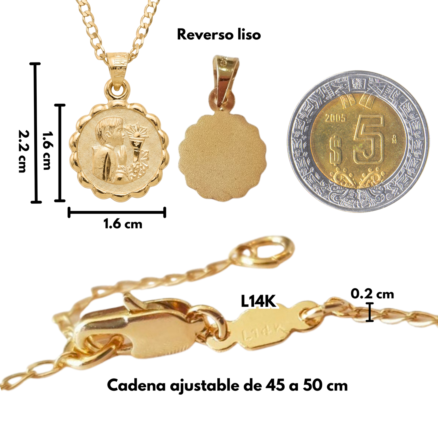 Medalla redonda primera comunion niño niña con cadena - Oro 14k Laminado
