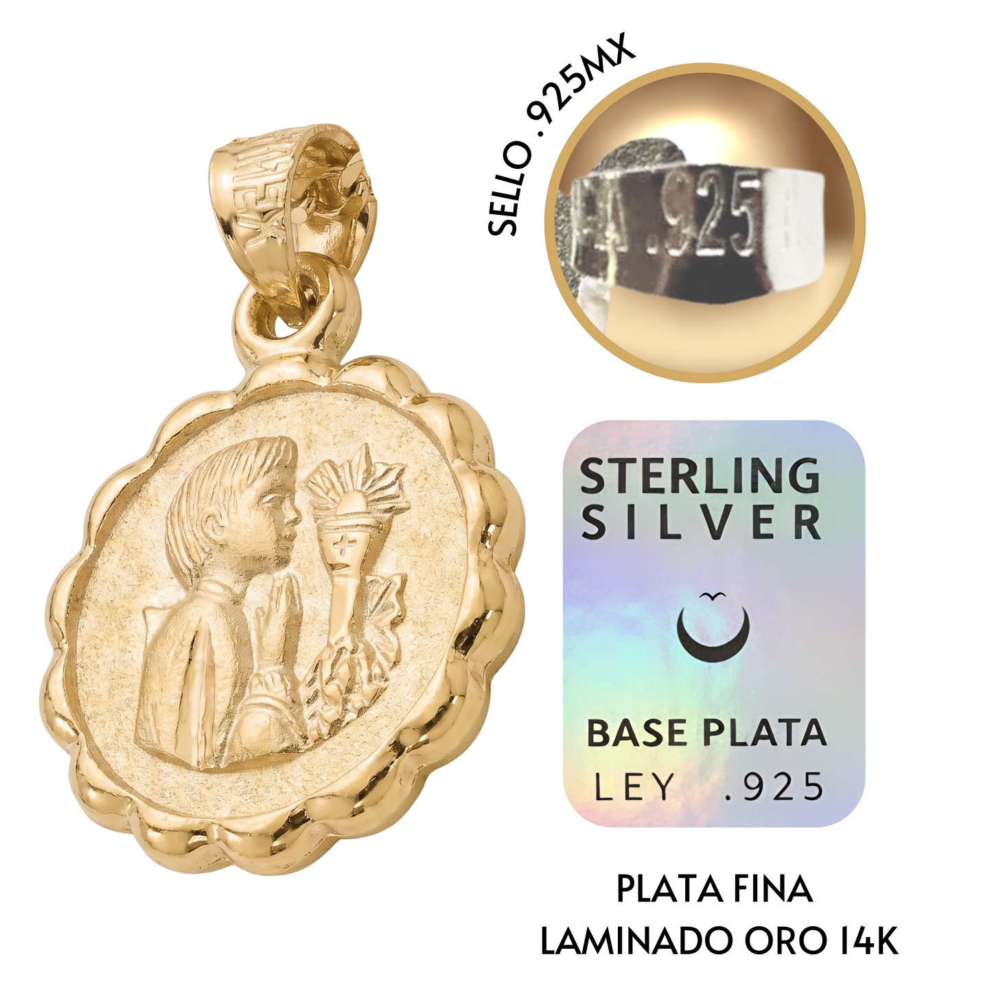 Medalla redonda primera comunion niño niña con cadena - Oro 14k Laminado