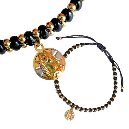 Pulsera negra de cuentas Virgen de Guadalupe - Baño de oro Tricolor