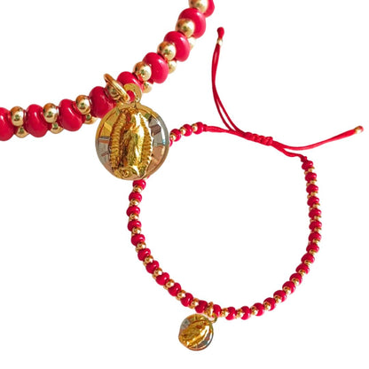 Pulsera roja de cuentas Virgen de Guadalupe - Baño de oro Tricolor