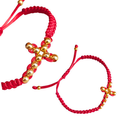 Pulsera tejida roja ajustable Cruz horizontal - Oro 14k laminado