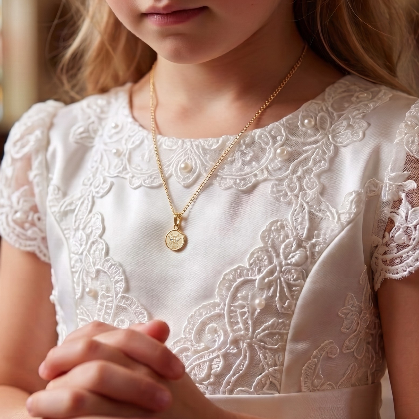 Medalla redonda Espíritu Santo con cadena - Oro 14K laminado