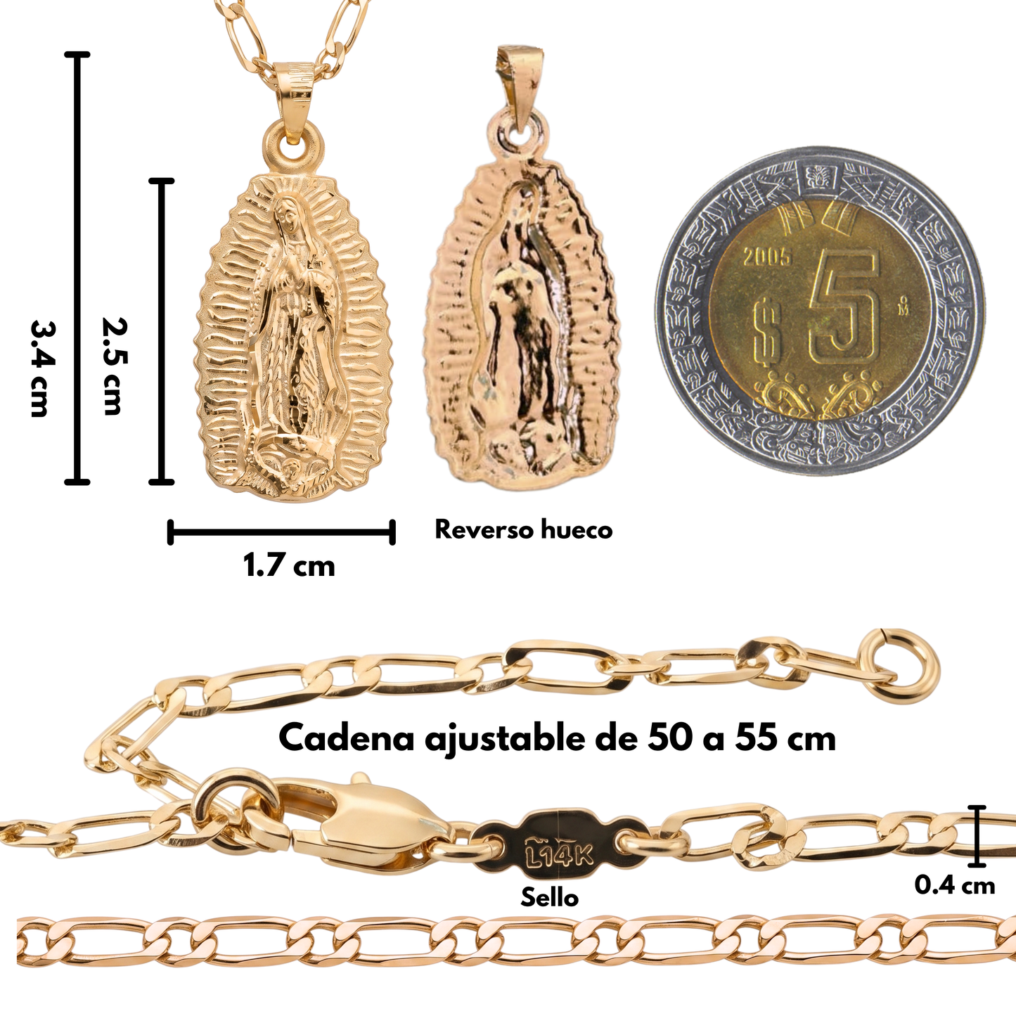 Medalla Silueta Virgen de Guadalupe con cadena - Oro 14k Laminado