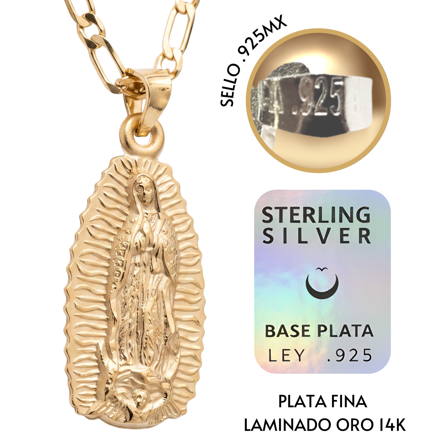 Medalla Silueta Virgen de Guadalupe con cadena - Oro 14k Laminado