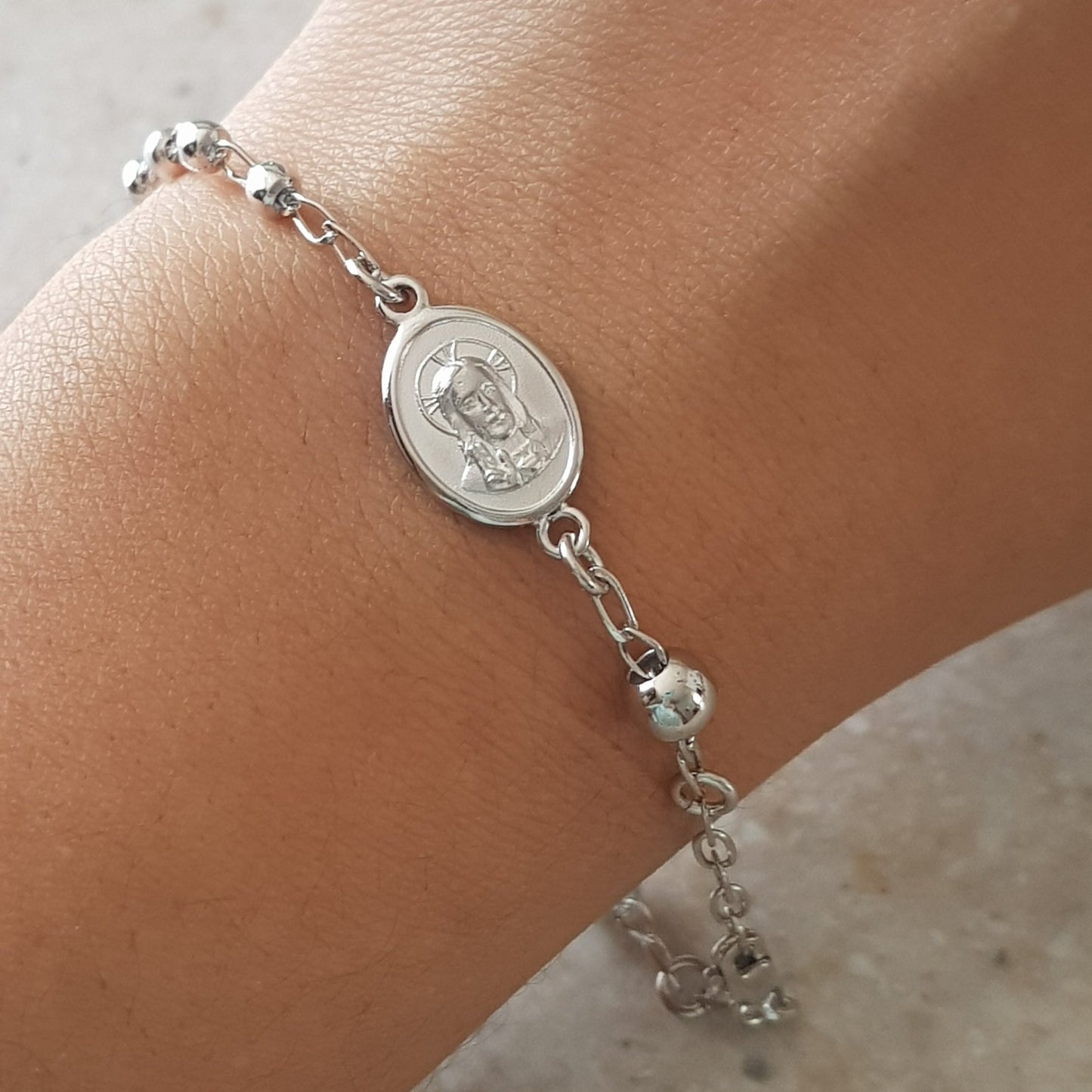 Pulsera Decenario Virgen de Guadalupe y Sagrado Corazón de Jesús - Plata esterlina 925 y Rodio